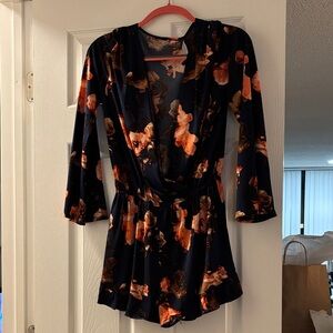 Elegant Floral Romper in Navy and Orange